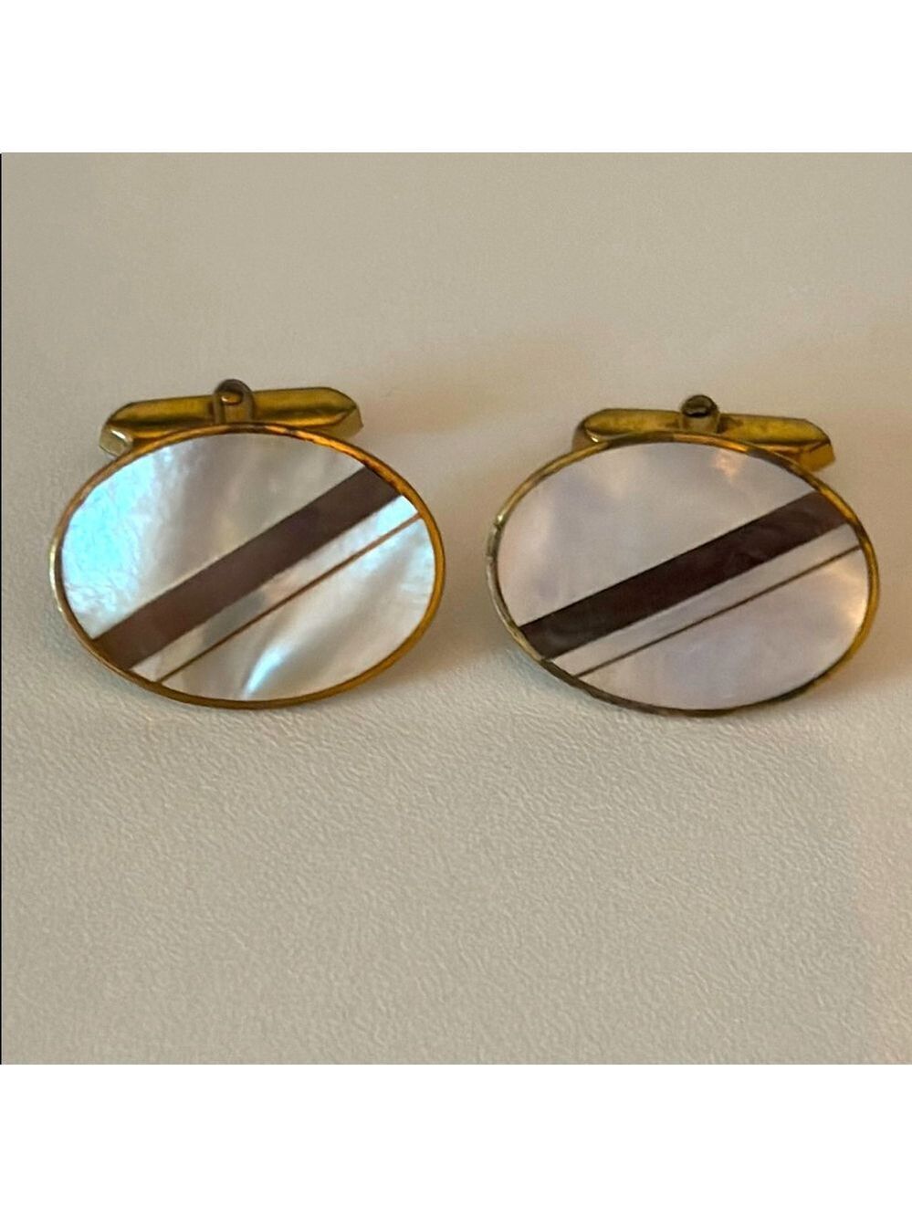 Vintage Oval Cufflinks with Mother of Pearl inlay gold tone hardware French cuff